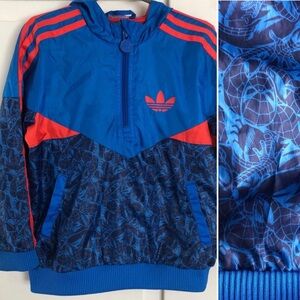 Adidas windbreaker jacket Spiderman red blue ~4-5 hooded tri foil kids youth boy